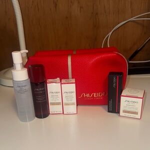 New! Shiseido Skincare Bundle + Red Leather Makeup Bag